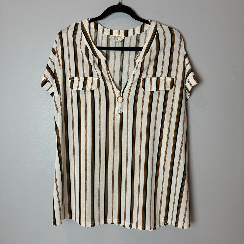 Flower +‎ Feather Black Gold Cream Split Neck Zip Blouse 2XL Workleisure Neutral